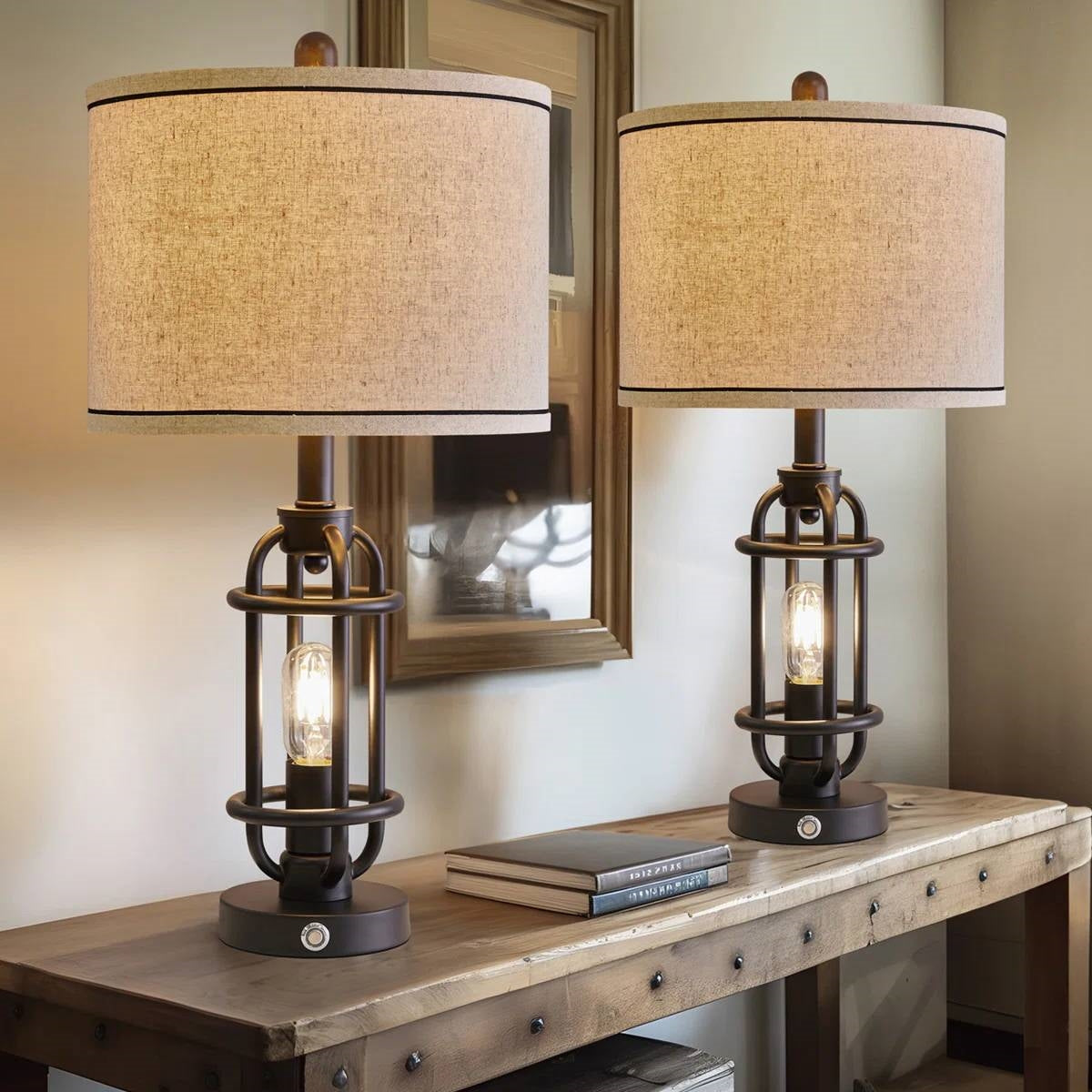 Set of 2 - Farmhouse Dimmable Touch USB Table Lamp with Beige Linen Drum Shade-0