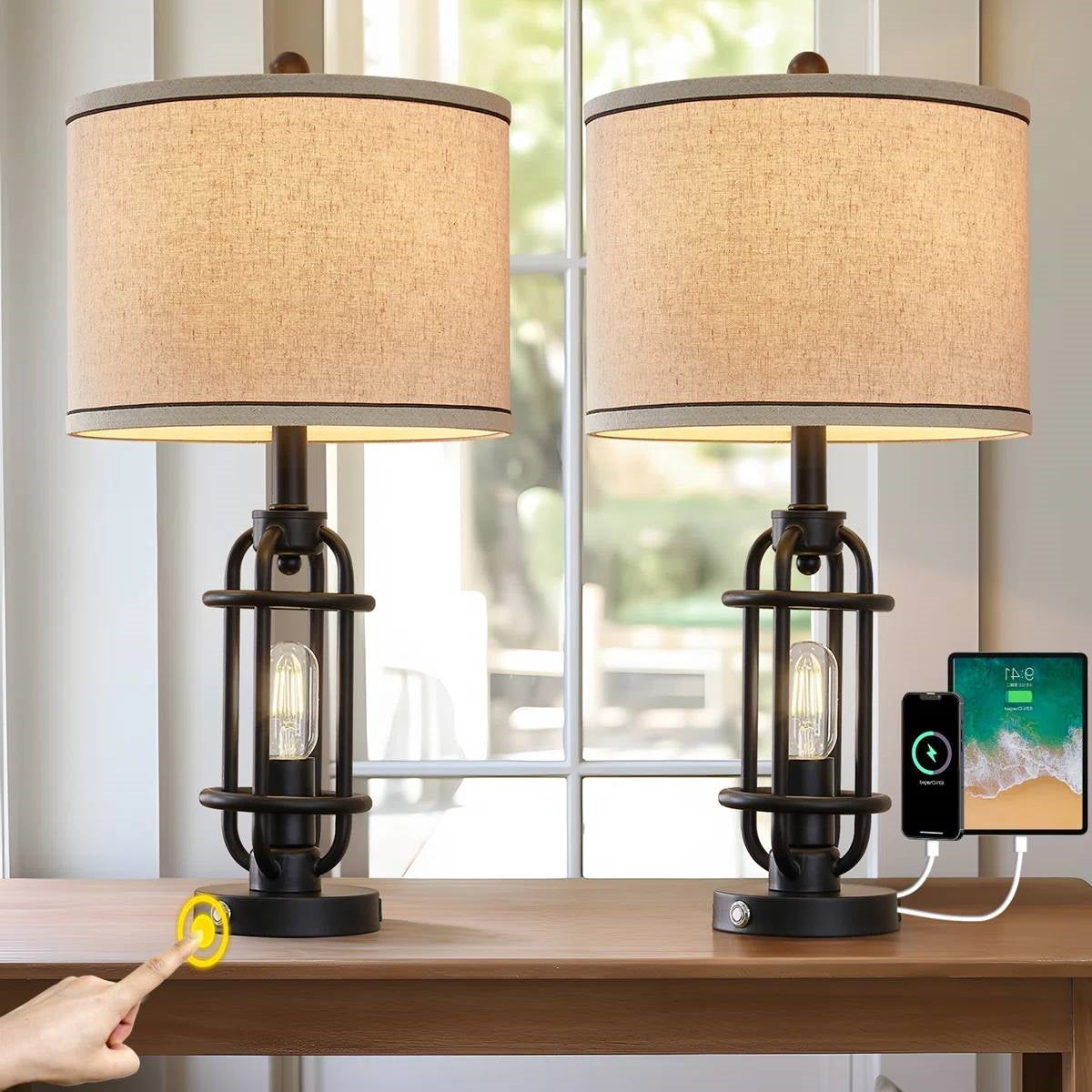 Set of 2 - Farmhouse Dimmable Touch USB Table Lamp with Beige Linen Drum Shade-2