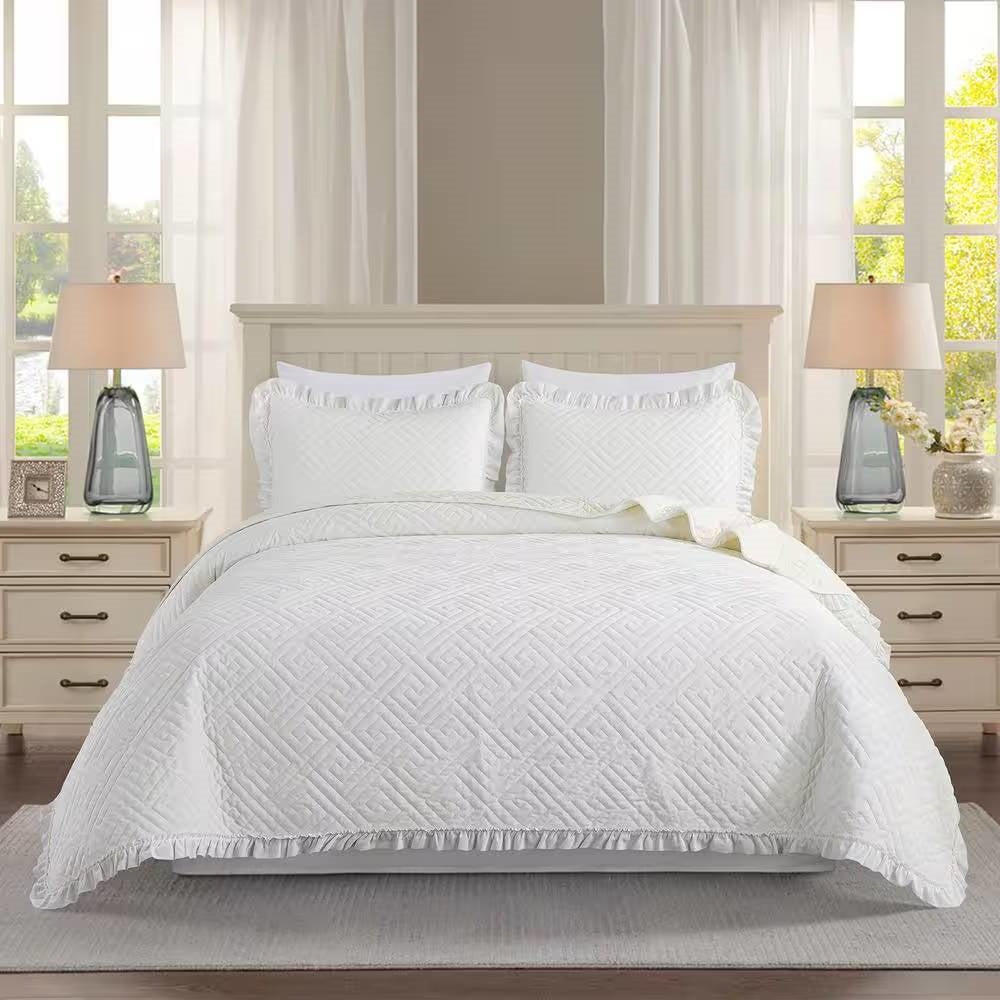 King size Ivory White Velvet Microfiber Polyester Reversible 3-Piece Quilt Set-0
