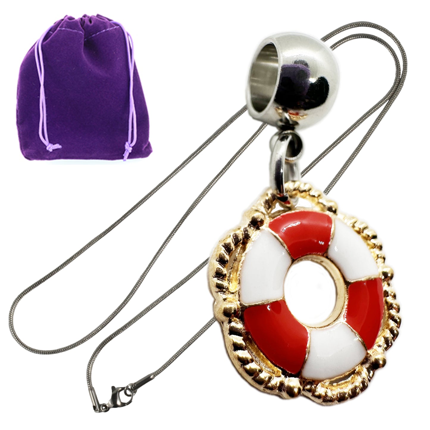 Life Saver Necklace (Red) - Stainless Steel Snake Chain Necklace with Metal Alloy Life Saver, Life Preserver, and Life Guard Charm - Durable and Elegant Jewelry for Everyday Wear-0