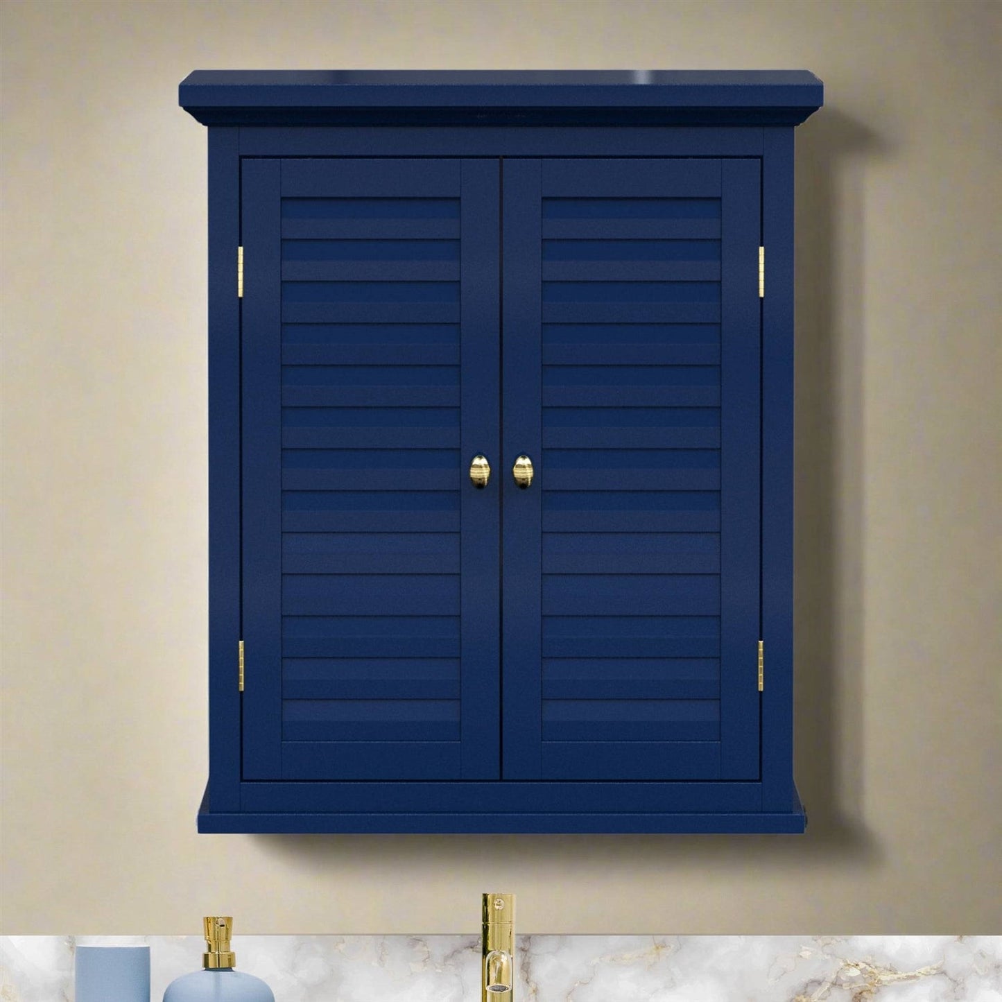 Navy Wall Mounted 2-Door Louvered Crown Molding Bathroom Wall Cabinet-1