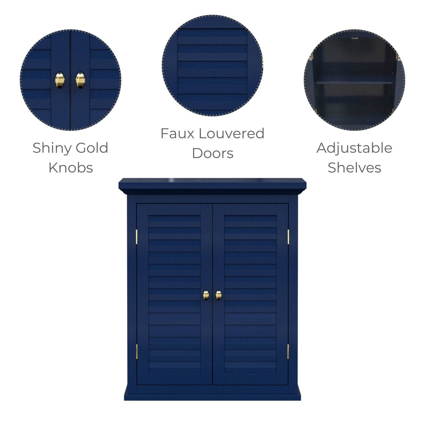 Navy Wall Mounted 2-Door Louvered Crown Molding Bathroom Wall Cabinet-3