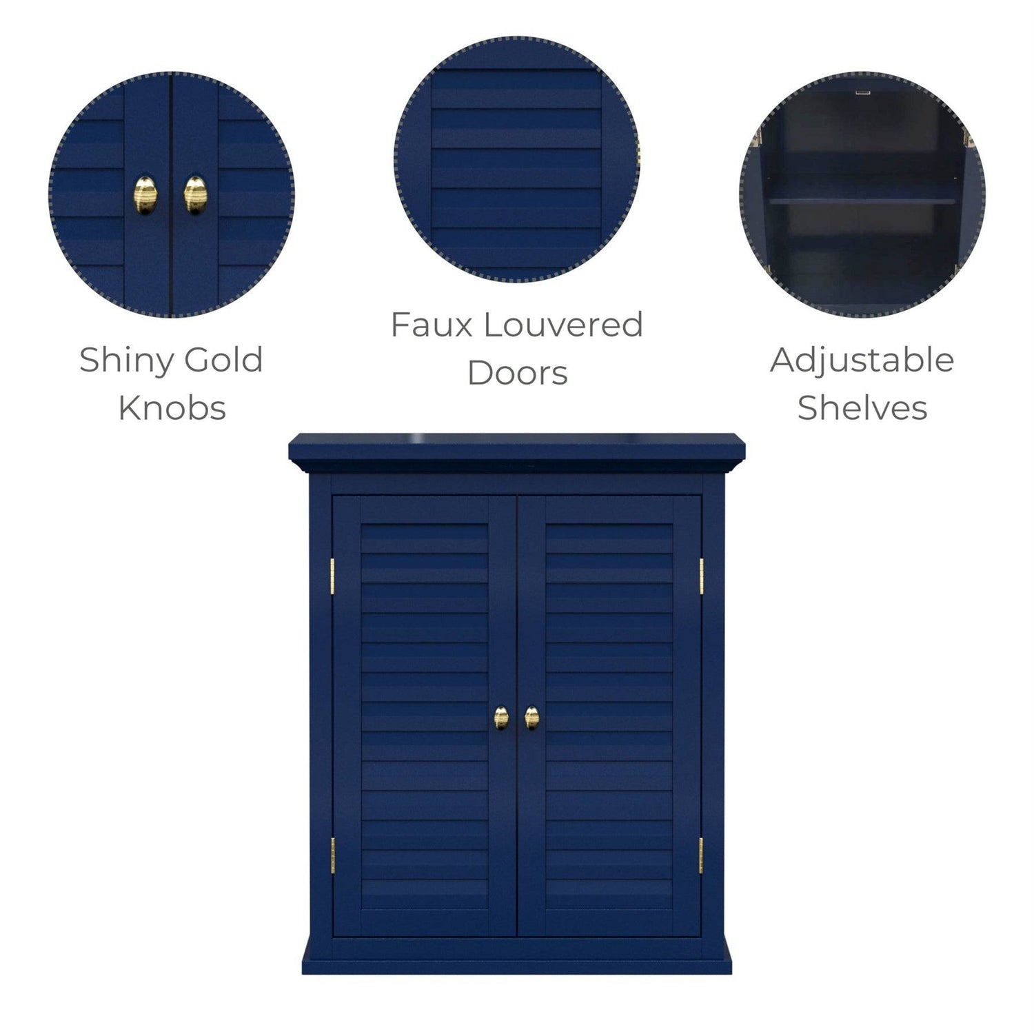 Navy Wall Mounted 2-Door Louvered Crown Molding Bathroom Wall Cabinet-3