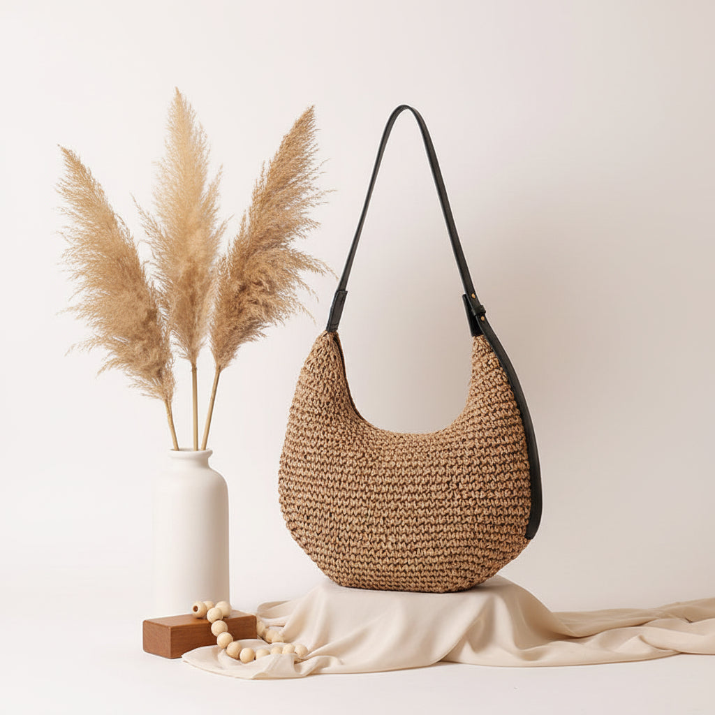 Asymmetric Straw Shoulder Bag Woven Bag Solid Color-1