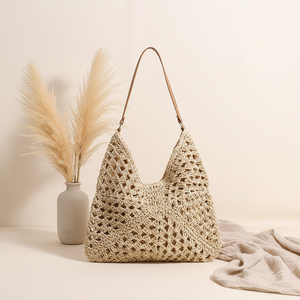 Handmade Crochet Beach Bag Large Capacity Hollow Out Shoulder Tote Bohemian Woven Triangle Bag for Vacation &amp; Travel-1