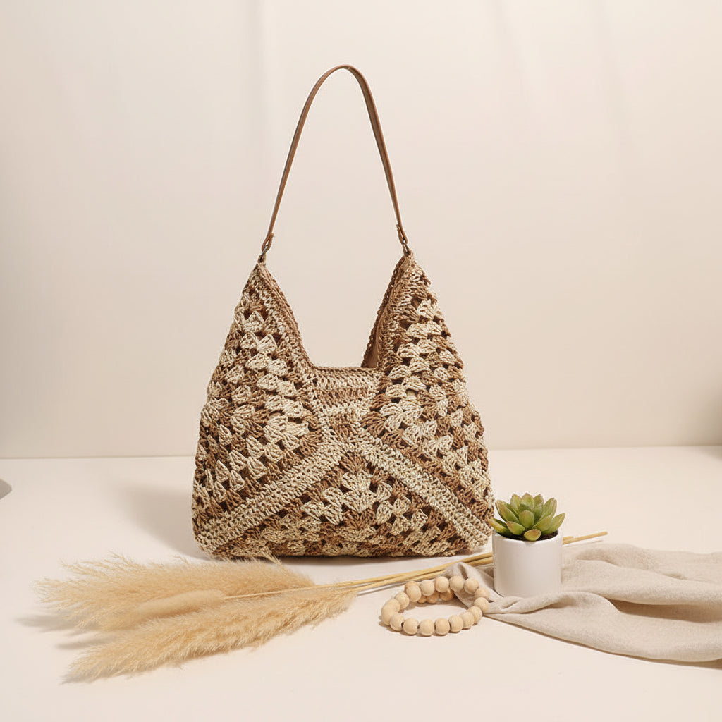 Handmade Crochet Beach Bag Large Capacity Hollow Out Shoulder Tote Bohemian Woven Triangle Bag for Vacation &amp; Travel-3