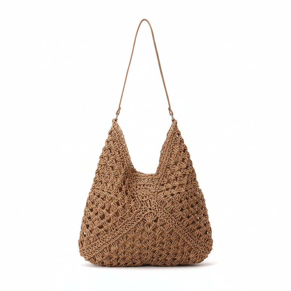 Handmade Crochet Beach Bag Large Capacity Hollow Out Shoulder Tote Bohemian Woven Triangle Bag for Vacation &amp; Travel-0