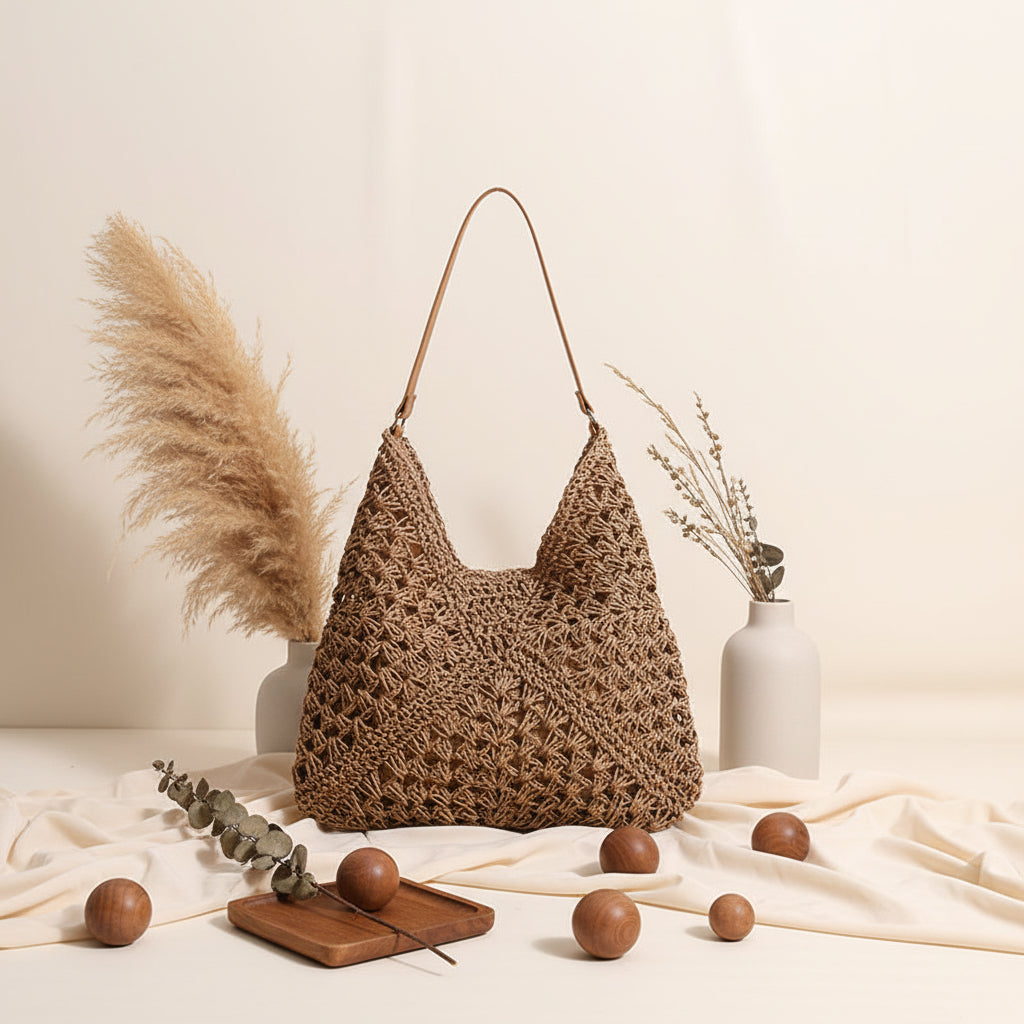 Handmade Crochet Beach Bag Large Capacity Hollow Out Shoulder Tote Bohemian Woven Triangle Bag for Vacation &amp; Travel-2
