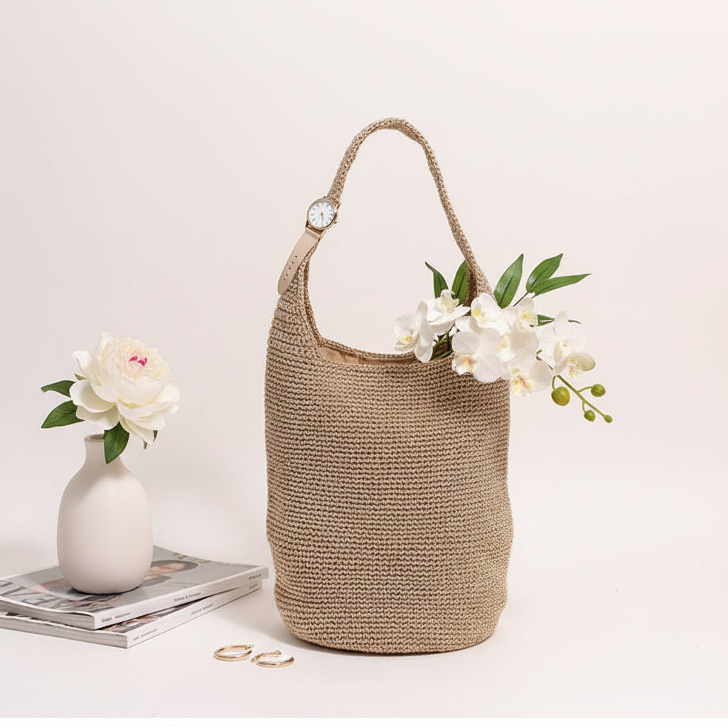 Shoulder Straw Bag Portable Bucket Woven Bag Vacation Beach Bag-0
