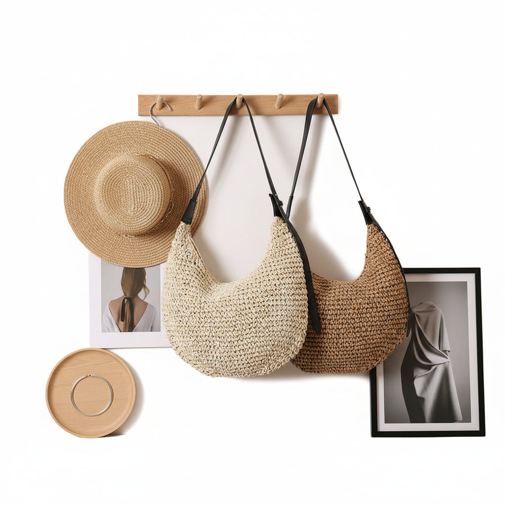 Asymmetric Straw Shoulder Bag Woven Bag Solid Color-0