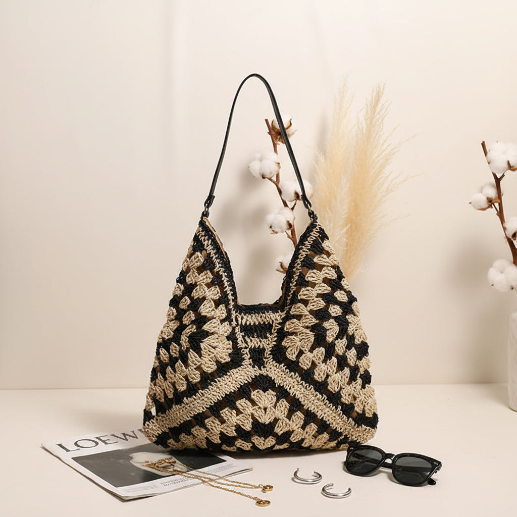Handmade Crochet Beach Bag Large Capacity Hollow Out Shoulder Tote Bohemian Woven Triangle Bag for Vacation &amp; Travel-5