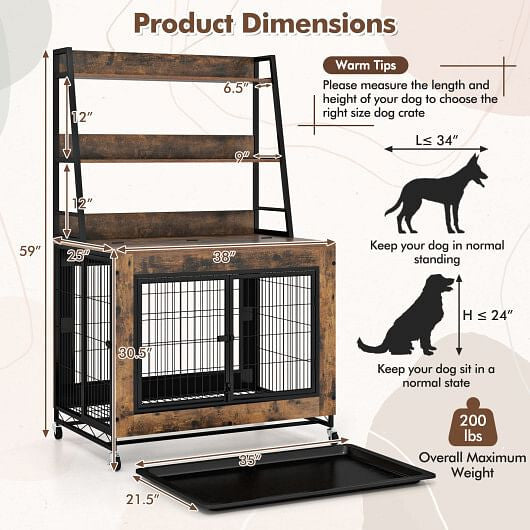 Industrial Dog Kennel Dog Crate Furniture with Storage Shelves-Rustic Brown-3
