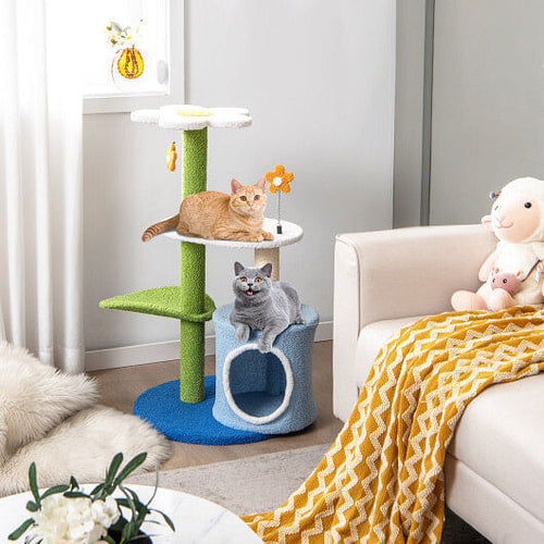 34.5 Inch 4-Tier Cute Cat Tree with Jingling Balls and Condo-Blue-1