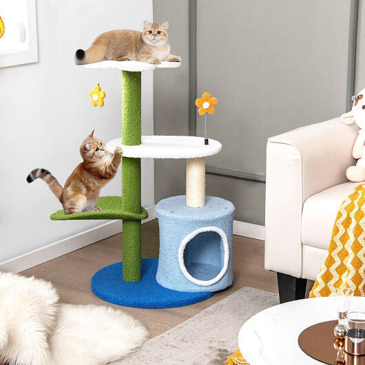 34.5 Inch 4-Tier Cute Cat Tree with Jingling Balls and Condo-Blue-3