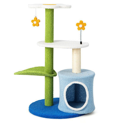 34.5 Inch 4-Tier Cute Cat Tree with Jingling Balls and Condo-Blue-4