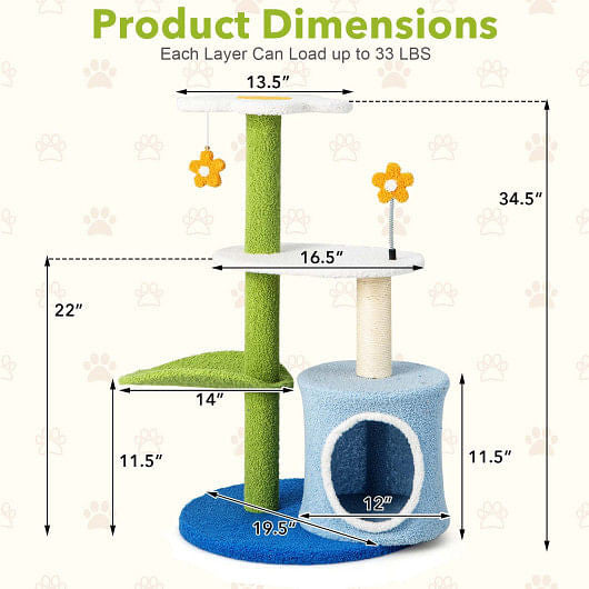 34.5 Inch 4-Tier Cute Cat Tree with Jingling Balls and Condo-Blue-2