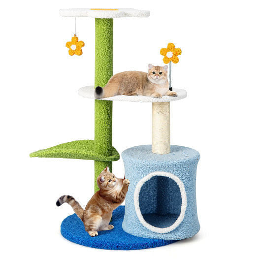 34.5 Inch 4-Tier Cute Cat Tree with Jingling Balls and Condo-Blue-0