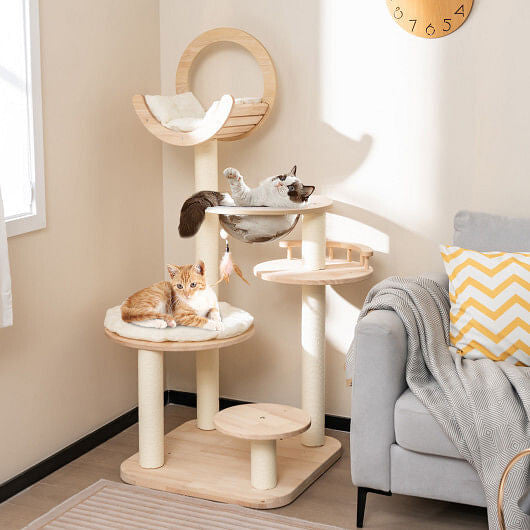 4-in-1 Large Wooden Cat Tower with Space Capsule Nest for Indoor Cats-1