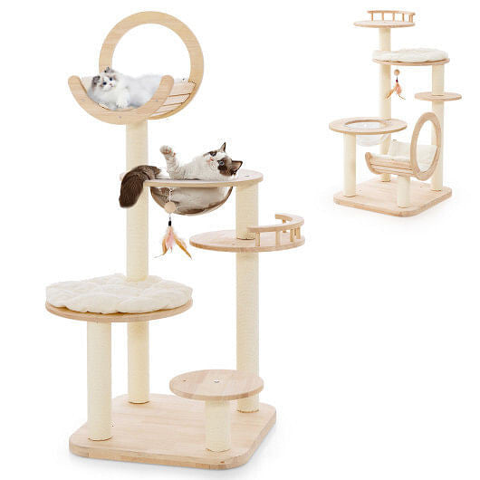 4-in-1 Large Wooden Cat Tower with Space Capsule Nest for Indoor Cats-0
