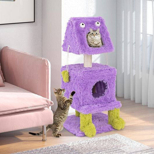 Cute Monster-Themed Cat Tower with 2 Private Condos for Small Place-Purple-0