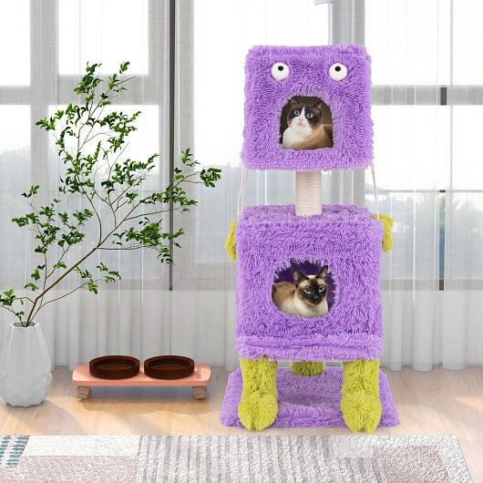Cute Monster-Themed Cat Tower with 2 Private Condos for Small Place-Purple-1