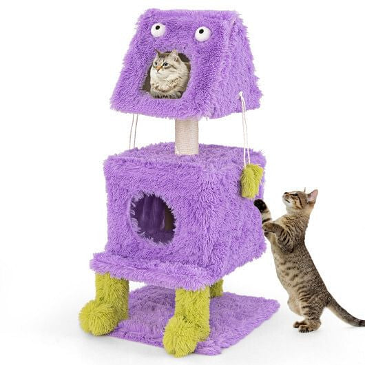 Cute Monster-Themed Cat Tower with 2 Private Condos for Small Place-Purple-2