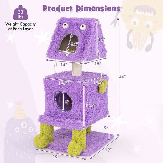 Cute Monster-Themed Cat Tower with 2 Private Condos for Small Place-Purple-3