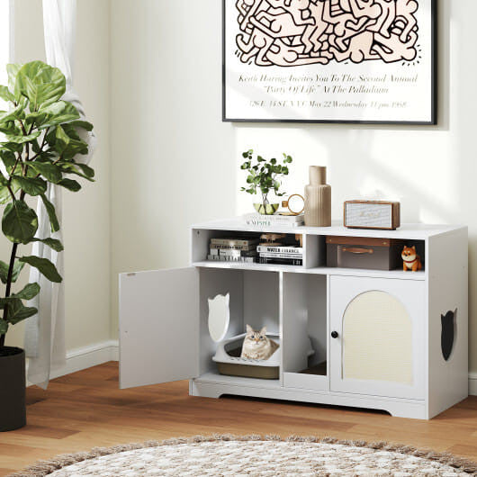 43 Inches Cat Litter Box Enclosure with Storage and Double Rooms-White-1