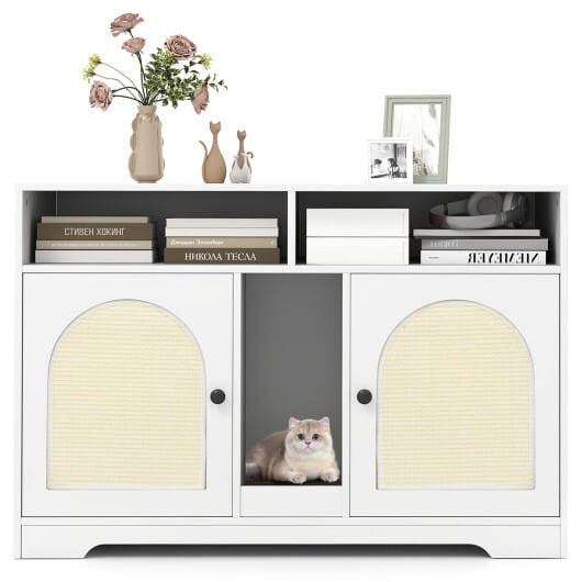43 Inches Cat Litter Box Enclosure with Storage and Double Rooms-White-2