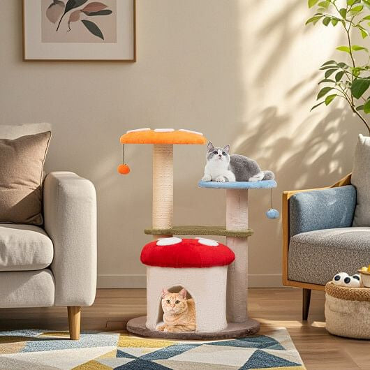 35 Inch Tall Cat Tower with Sisal Scratching Posts Cat Condo and Padded Platforms-Multicolor-0