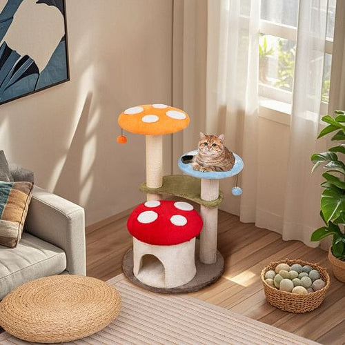 35 Inch Tall Cat Tower with Sisal Scratching Posts Cat Condo and Padded Platforms-Multicolor-1