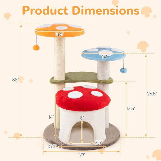 35 Inch Tall Cat Tower with Sisal Scratching Posts Cat Condo and Padded Platforms-Multicolor-3