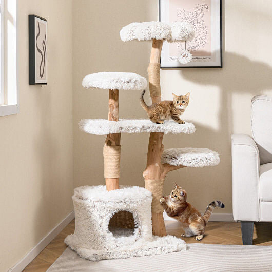 Modern Cat Tree 53 Inch Tall Natural Branch Wooden Cat Tower with Jute Scratching Posts-White-0