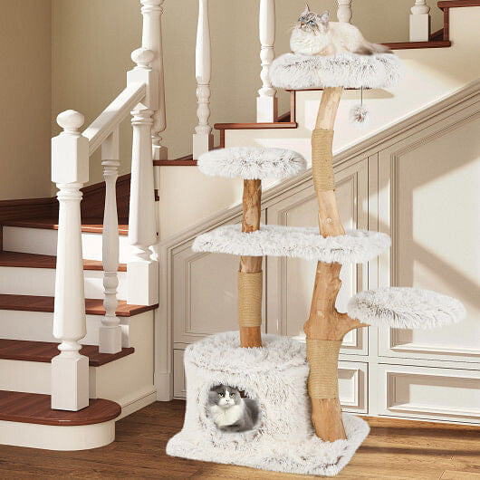 Modern Cat Tree 53 Inch Tall Natural Branch Wooden Cat Tower with Jute Scratching Posts-White-1