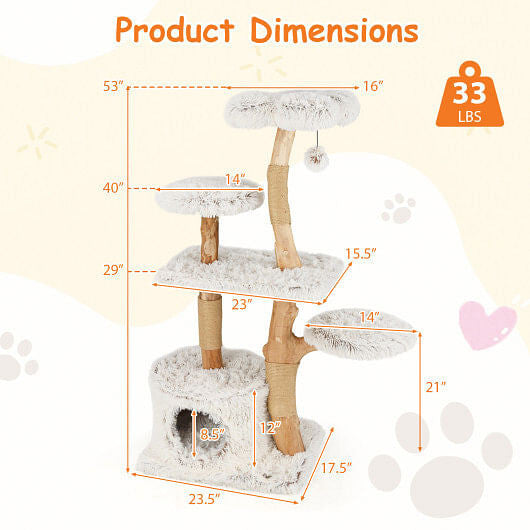 Modern Cat Tree 53 Inch Tall Natural Branch Wooden Cat Tower with Jute Scratching Posts-White-2