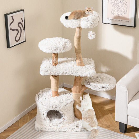 Modern Cat Tree 53 Inch Tall Natural Branch Wooden Cat Tower with Jute Scratching Posts-White-3