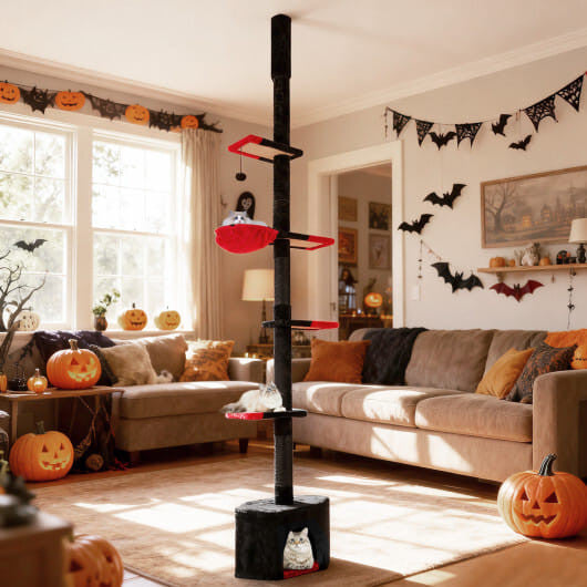 Floor to Ceiling Gothic Cat Tree 97-118 Inches Adjustable 5-Tier with Condo-Black-0