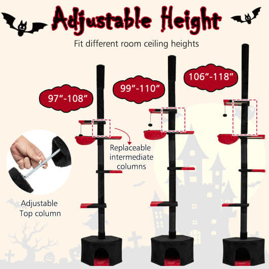 Floor to Ceiling Gothic Cat Tree 97-118 Inches Adjustable 5-Tier with Condo-Black-2