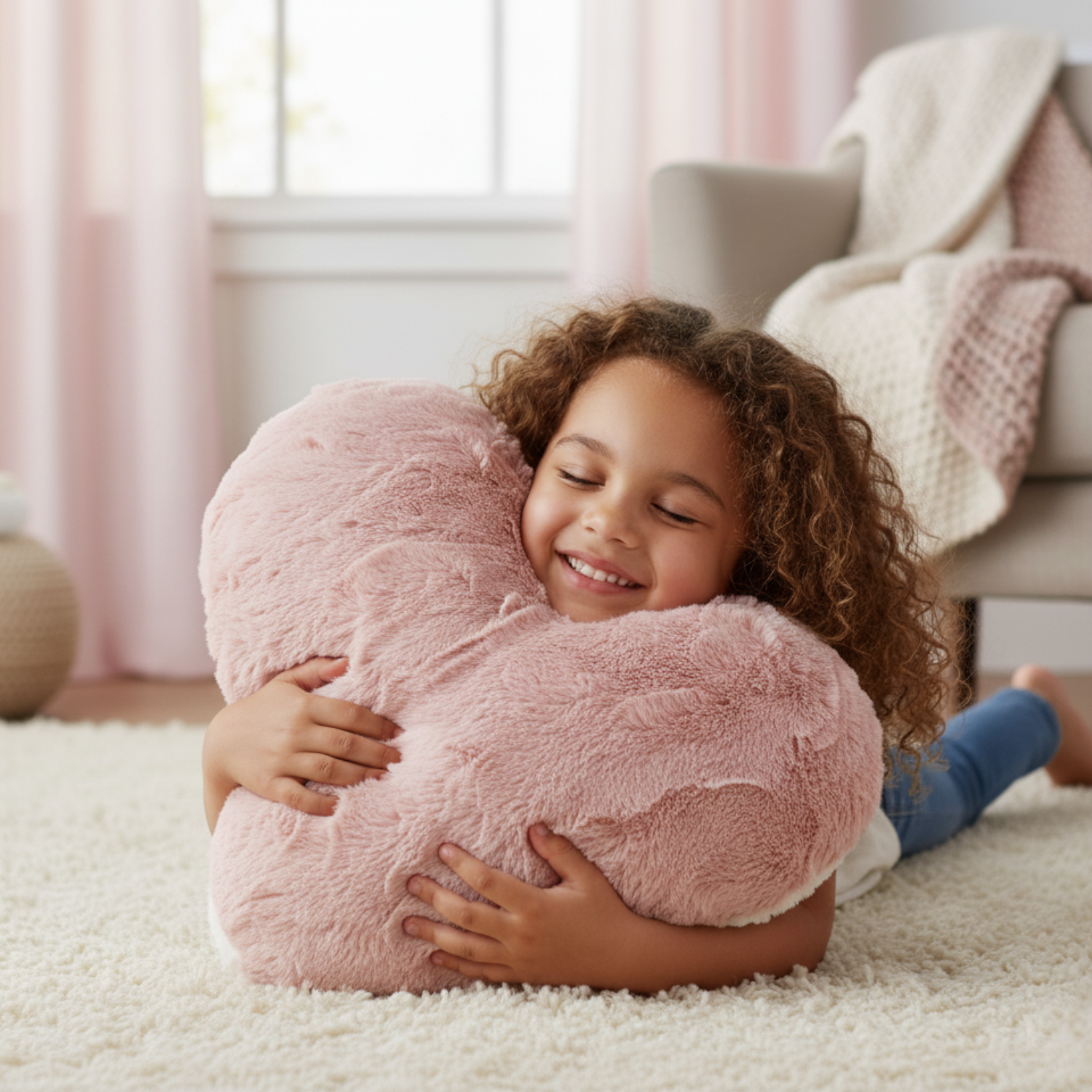 Tache Faux Fur Pink White Heart Shape Throw Pillow (#7)-3