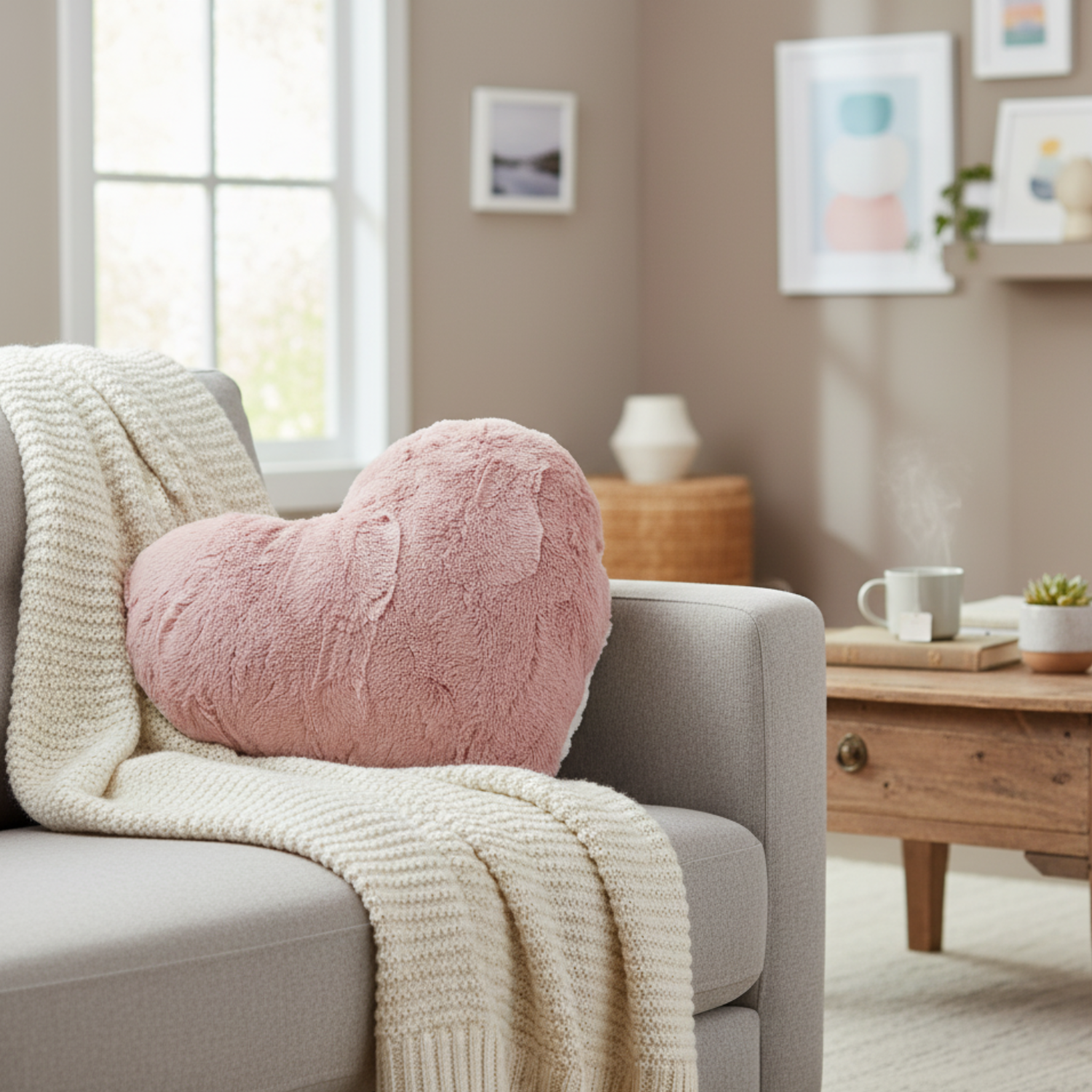 Tache Faux Fur Pink White Heart Shape Throw Pillow (#7)-0