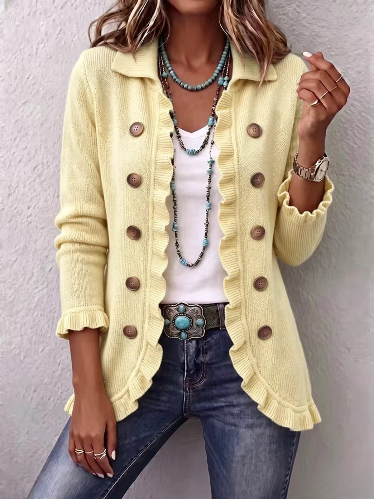 Ruffled Trim Decorative Button Cardigan