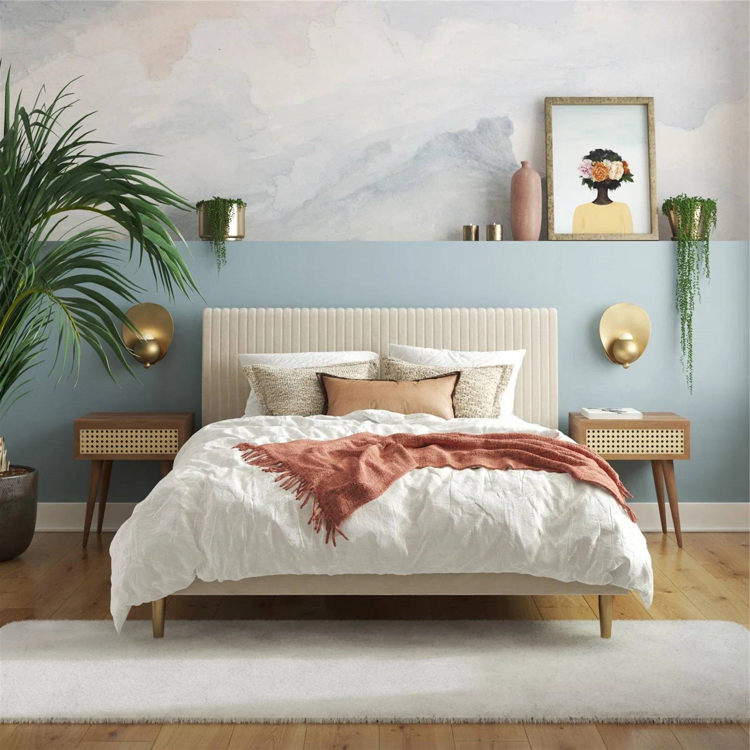 Queen Mid-Century Ivory Cream Velvet Upholstered Platform Bed with Headboard-3