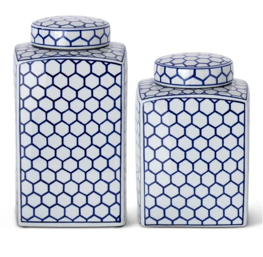 Set of 2 Blue & White Dot Square Lidded Ceramic Jars-0