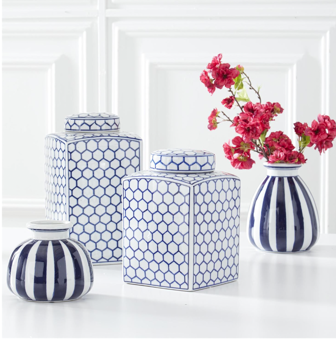 Set of 2 Blue & White Dot Square Lidded Ceramic Jars-1