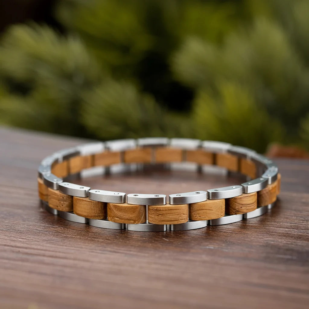 Wooden Men's Link Bracelet Fashion Stainless Steel Charm Man Bracelets-3