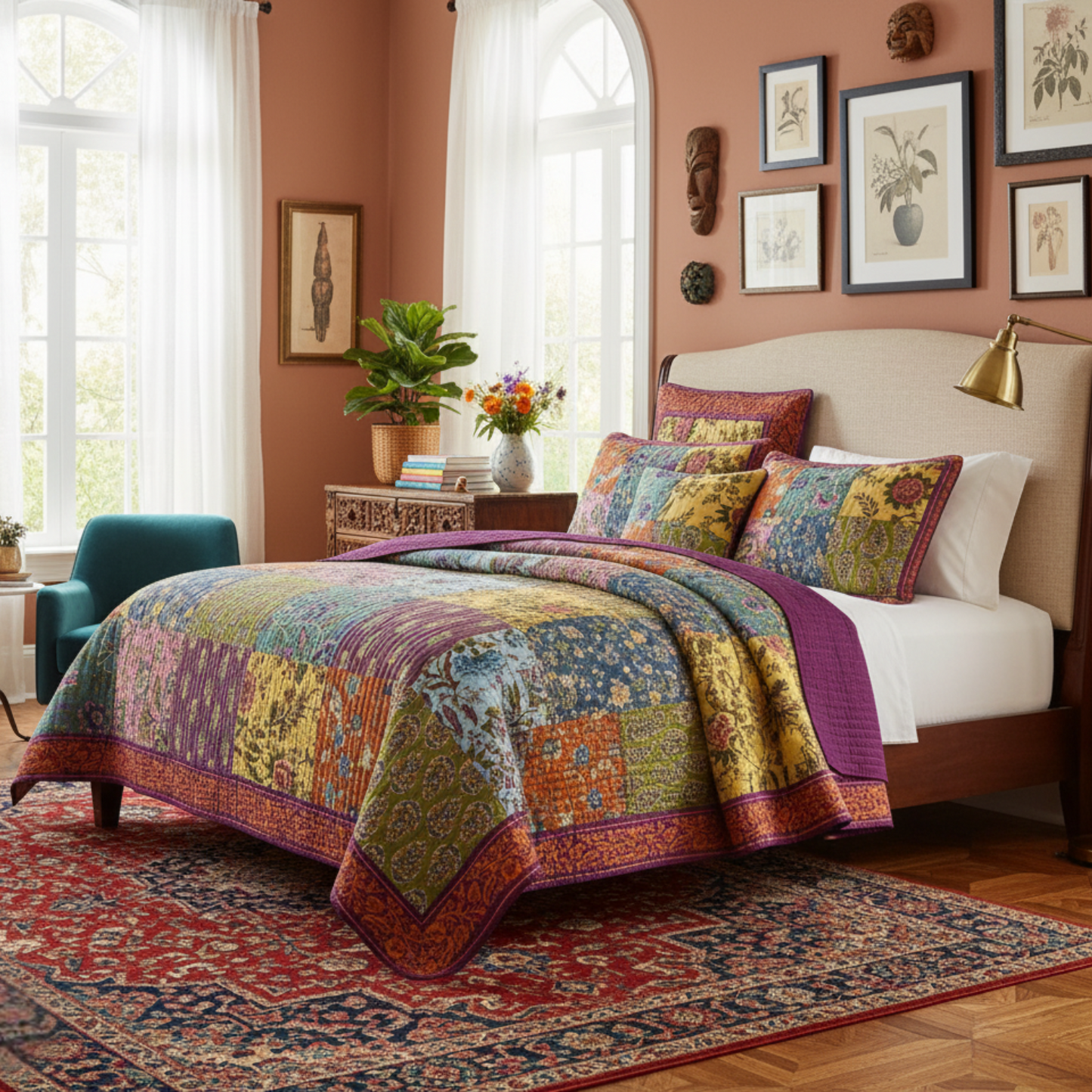Tache Cotton Bohemian Carnival Garden Quilted Patchwork Bedspread Set (JHW-676)-0
