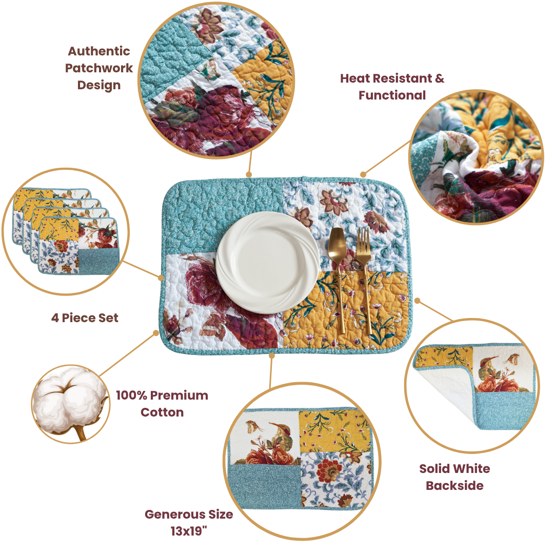 Tache Old World Garden Pastel Blue Yellow Red Hummingbirds Cotton Patchwork Placemats (JHW-936)-1