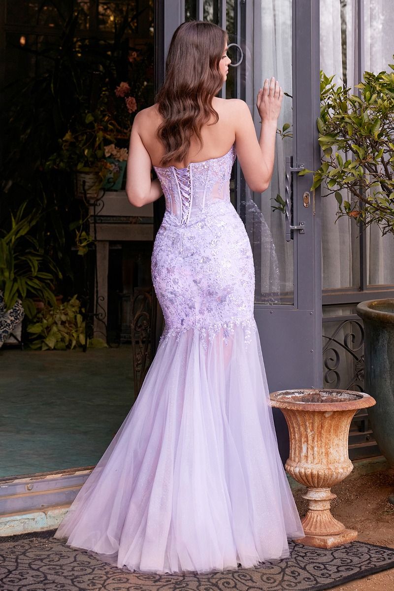 Strapless Mermaid Soft Tulle Gown w/ Floral Lace Applique & Sheer Corset Bodice CDA1388