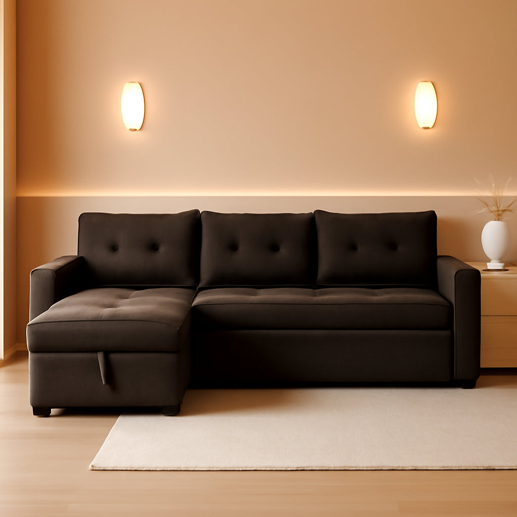 Espresso Velvet Sleeper Sectional Sofa Bed Chaise Set-0