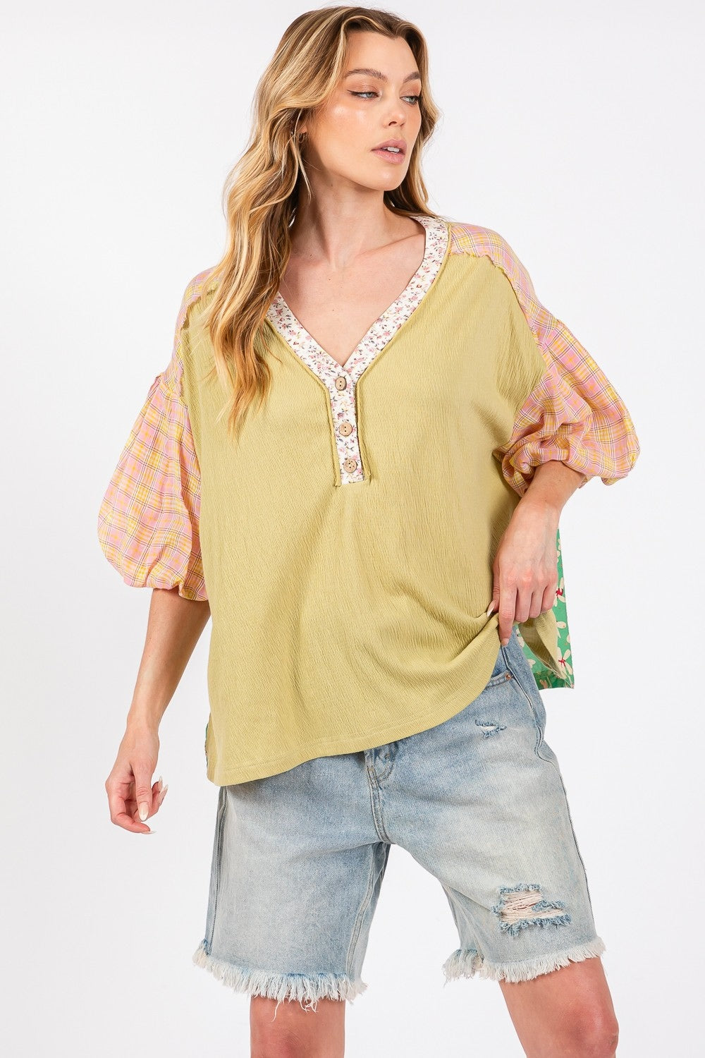 Sage Color Block Bubble Sleeve Top | Extended Sizes